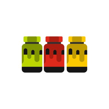 Renkli boya simgesi olan üç plastik kavanoz