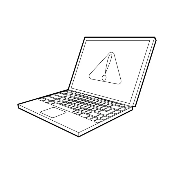 Bir uyarı sinyali simgesi, anahat stili ile dizüstü bilgisayar — Stok Vektör
