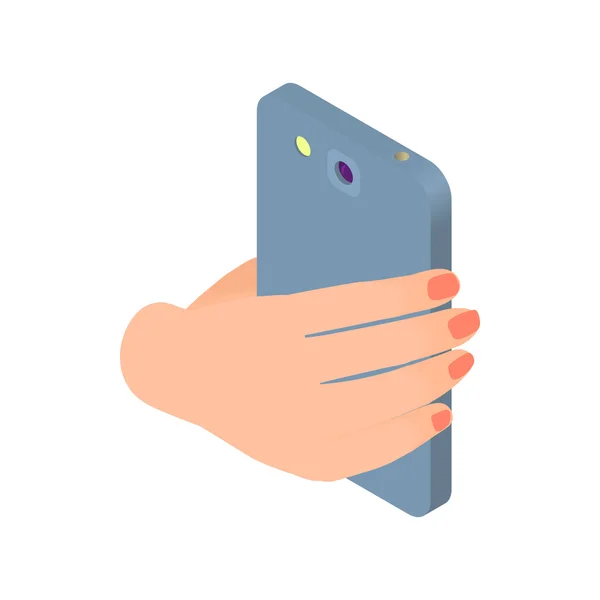 Female hand holds phone icon, cartoon style — Stock Vector
