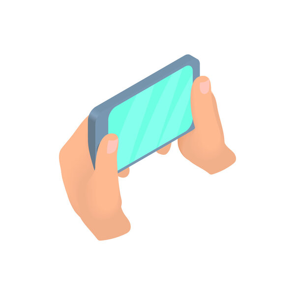 Hands holding mobile phone icon, cartoon style