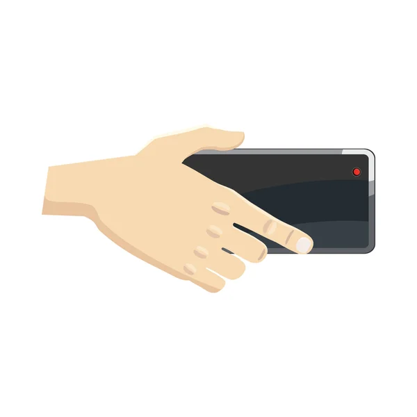 Mão segurando ícone de smartphone, estilo dos desenhos animados — Vetor de Stock