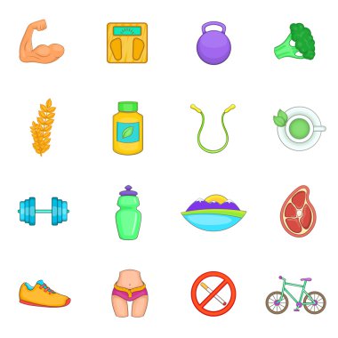 Sağlıklı yaşam Icons set, karikatür tarzı