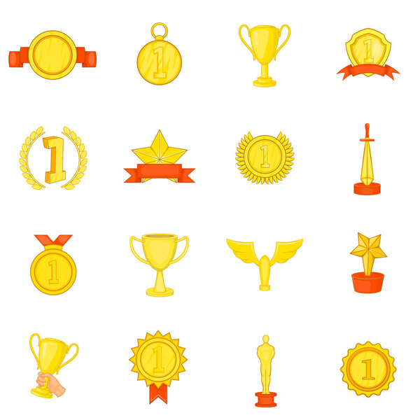 Trophy award icons set, in cartoon style