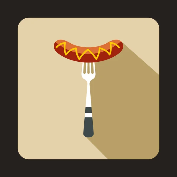 Salchicha a la parrilla en un icono de tenedor, estilo plano — Vector de stock