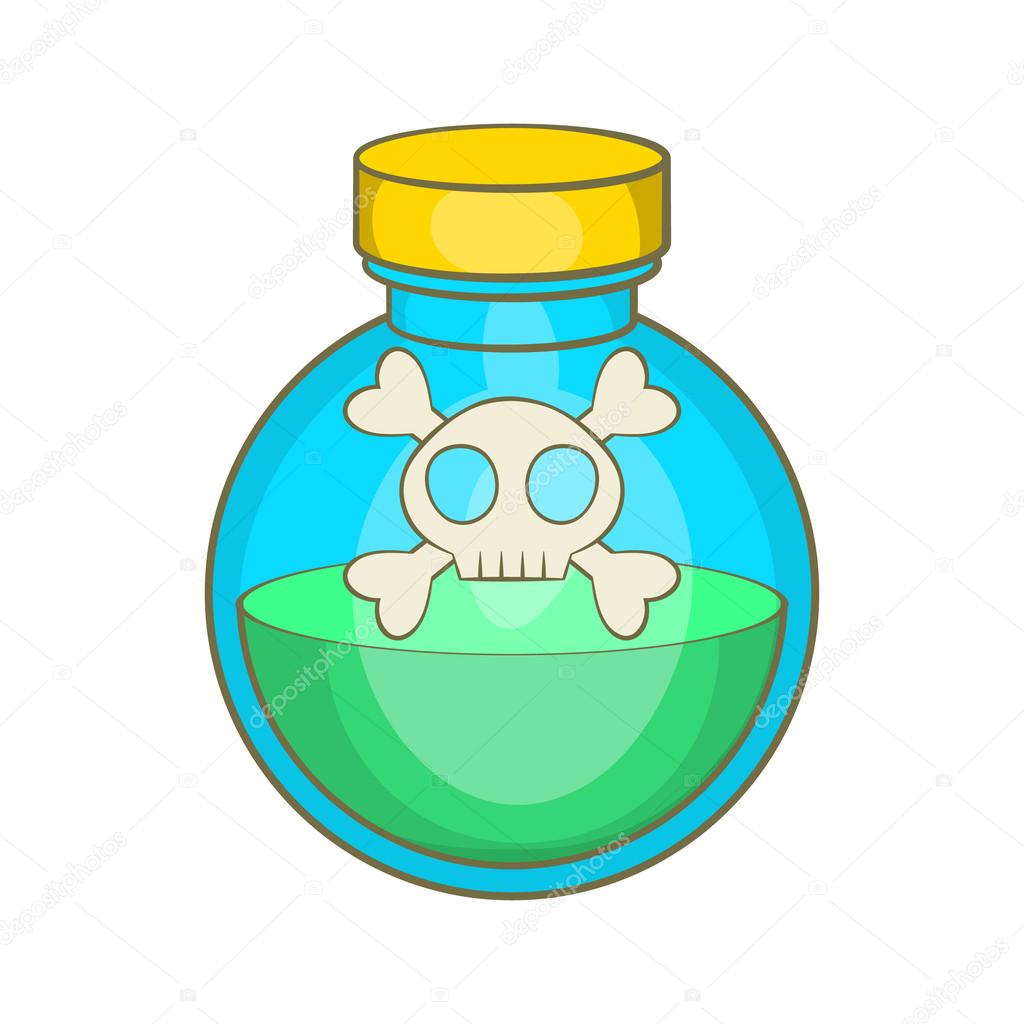 Glass bottle of green poison icon, cartoon style