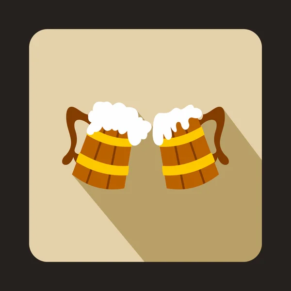 Dvě dřevěné hrnečky s ikonou pivo, ploché styl — Stockový vektor
