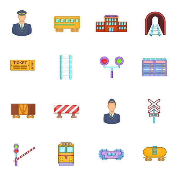 Set di icone ferroviarie, stile cartone animato — Vettoriale Stock