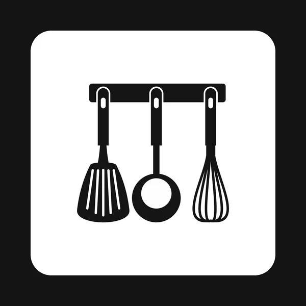 Espátula, cucharón y batidor, icono de herramientas de cocina — Vector de stock