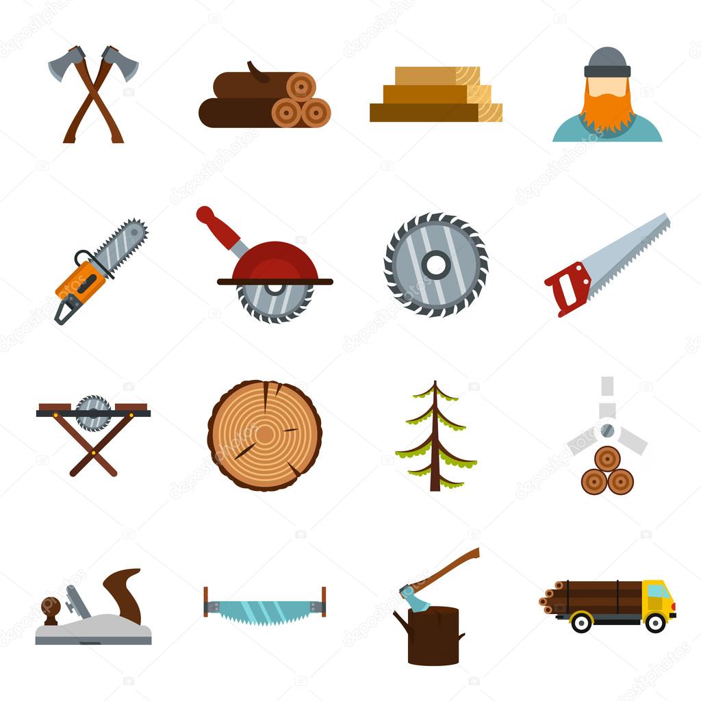 Timber industry icons set, flat style