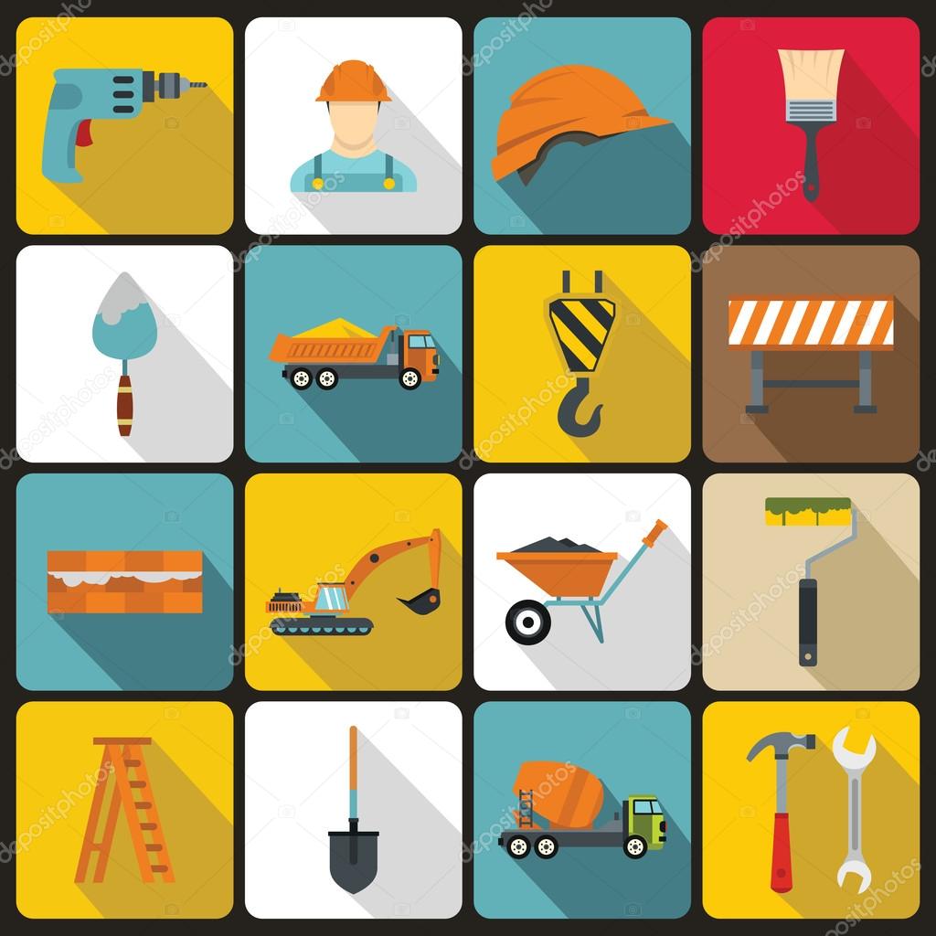 Construction icons set in flat style