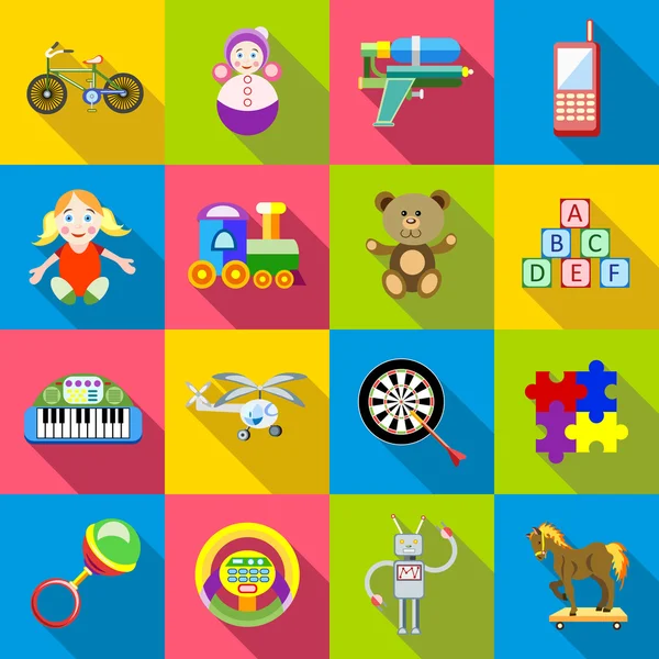 Childrens toys icons set, flat style — Stock Vector