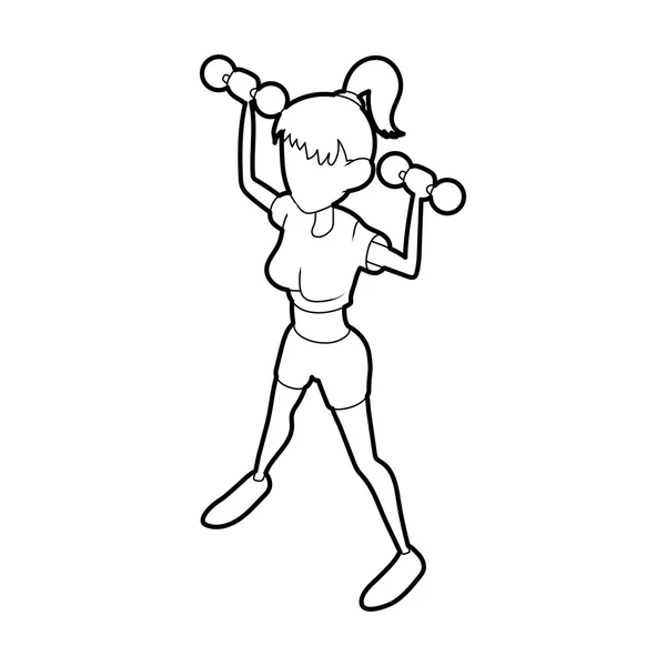 Meisje met halters opleiding pictogram, Kaderstijl — Stockvector