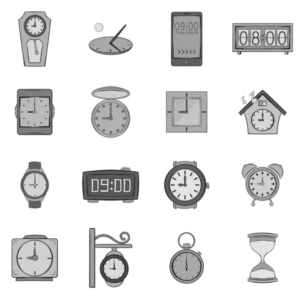 Conjunto de iconos de reloj, negro estilo monocromo — Vector de stock