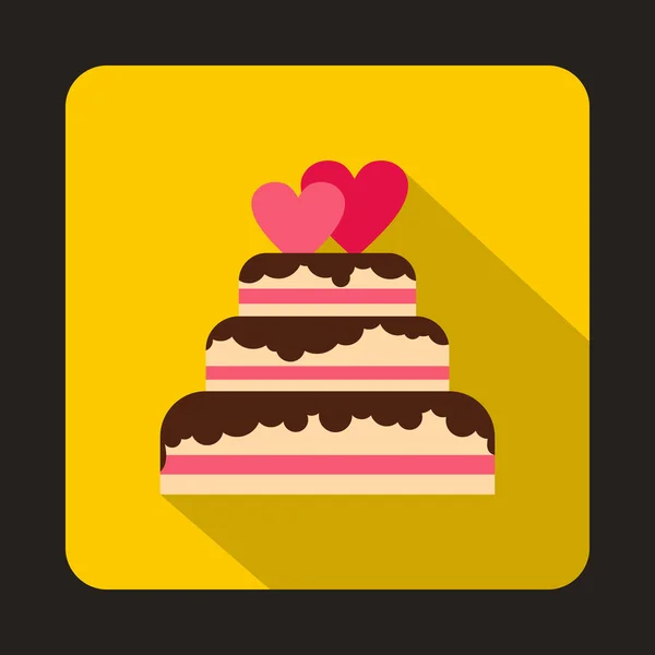 Wedding cake met twee harten pictogram, vlakke stijl — Stockvector