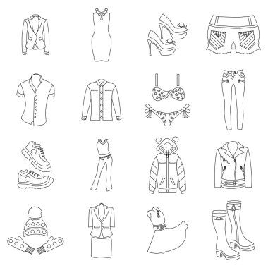 Kadın giysileri Icons set, anahat stili
