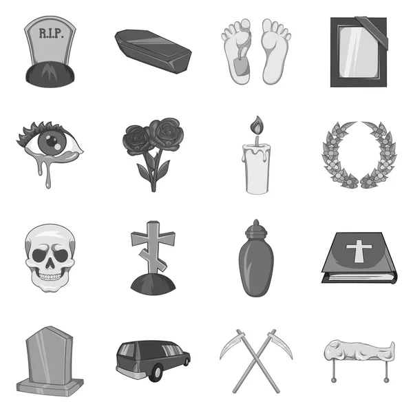 Funeral icons set, black monochrome style — Stock Vector