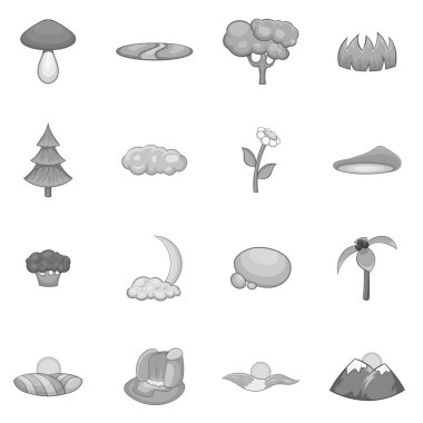 Doğa manzara Icons set, siyah tek renkli stil