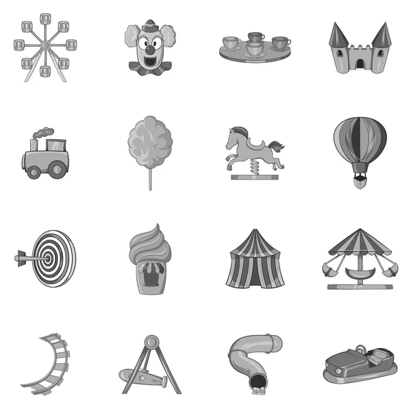 Conjunto de iconos del parque de atracciones, estilo monocromo negro — Vector de stock