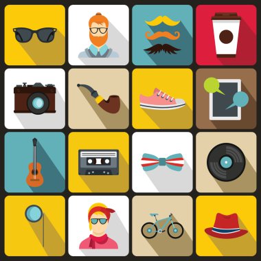 Düz tarzında hippi Icons set