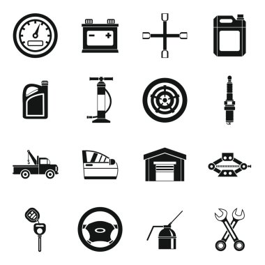 Araba bakım ve onarım Icons set, basit tarzı