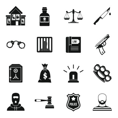 Suç ve ceza Icons set, basit tarzı