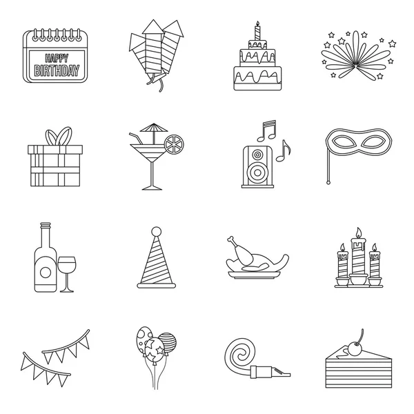 Conjunto de iconos de feliz cumpleaños, estilo de contorno — Archivo Imágenes Vectoriales