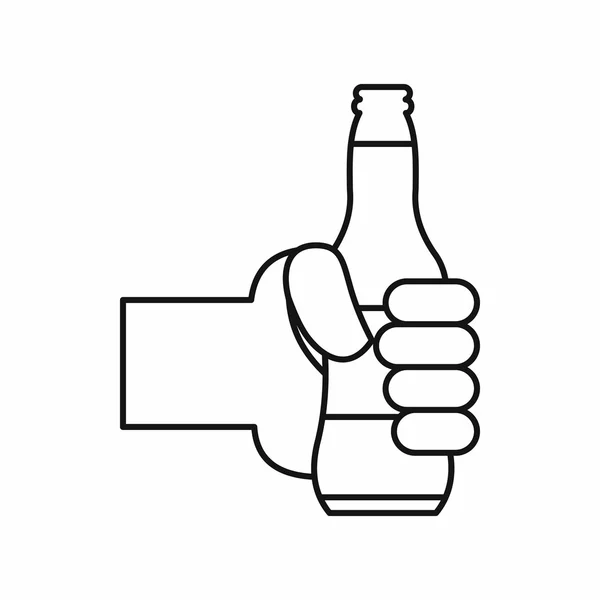 Mano sosteniendo un icono de la botella de cerveza, estilo de esquema — Archivo Imágenes Vectoriales