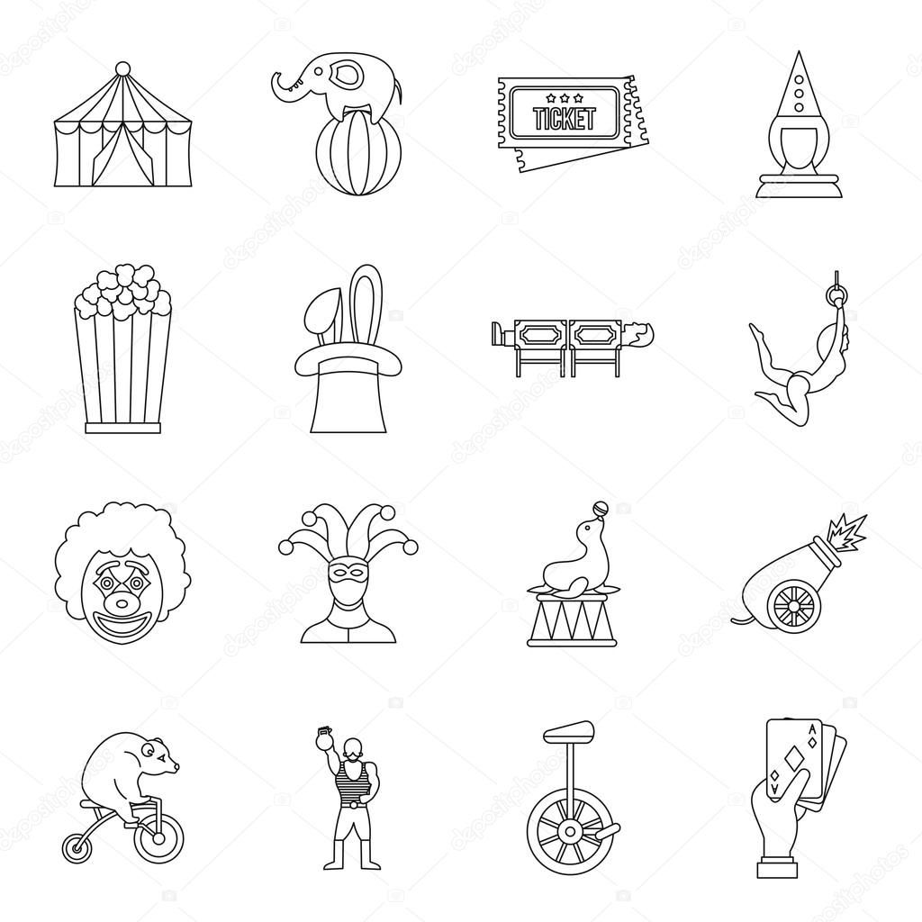 Circus entertainment icons set, outline style