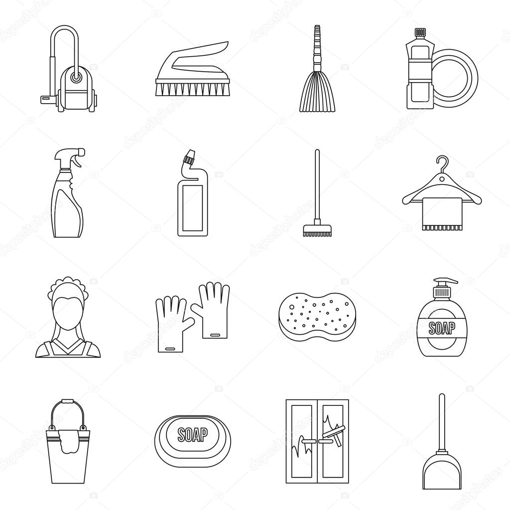 House cleaning icons set, outline style
