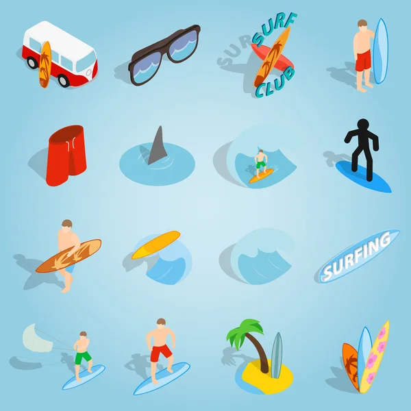 Surfen set iconen, isometrische 3D stijl — Stockvector