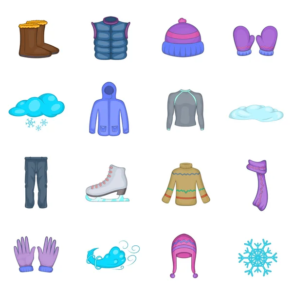 Set di icone di vestiti invernali, stile cartone animato — Vettoriale Stock