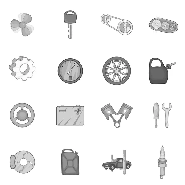 Auto-Ersatzteil-Icons Set, schwarzer monochromer Stil — Stockvektor