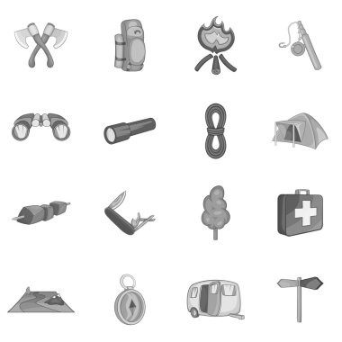 Kamp simgeleri seti, siyah tek renkli stil
