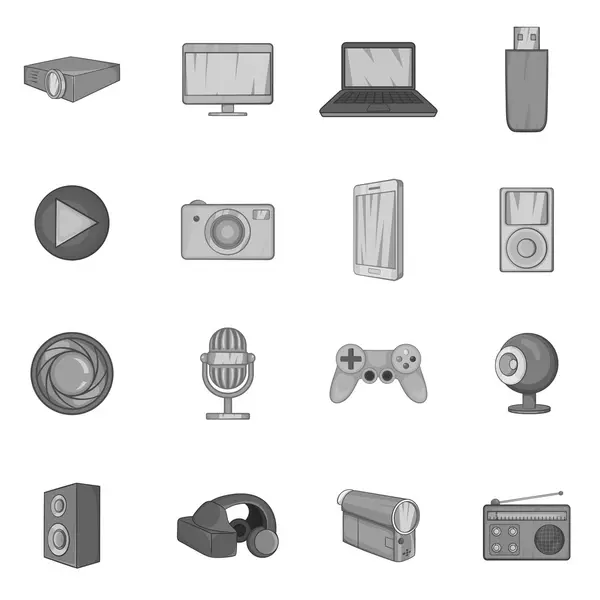 Audio and video icons set, black monochrome style — Stock Vector