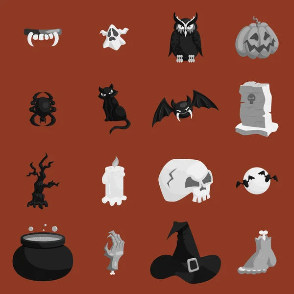 Halloween iconen set, zwart zwart-wit stijl — Stockvector