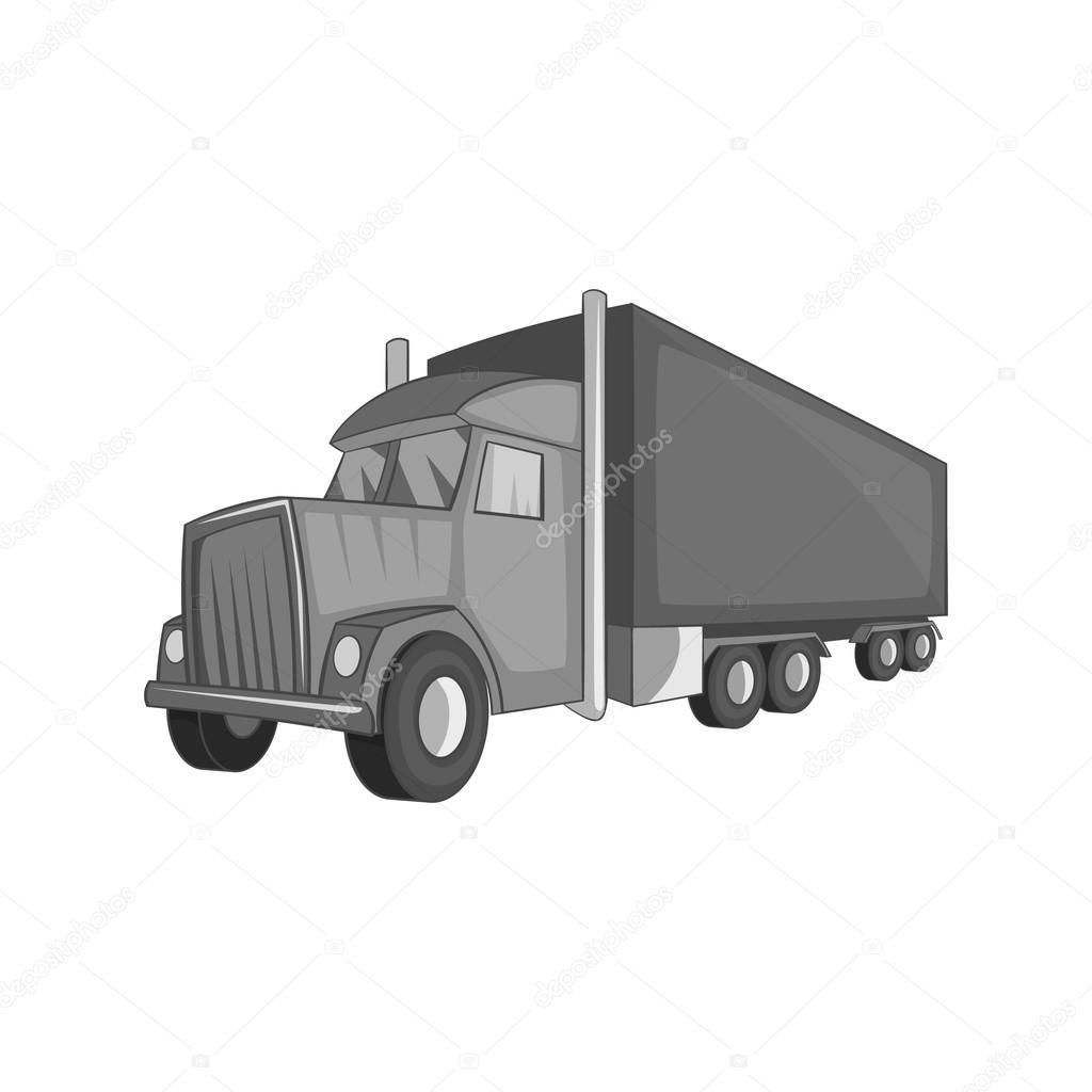 Semi trailer truck icon, black monochrome style