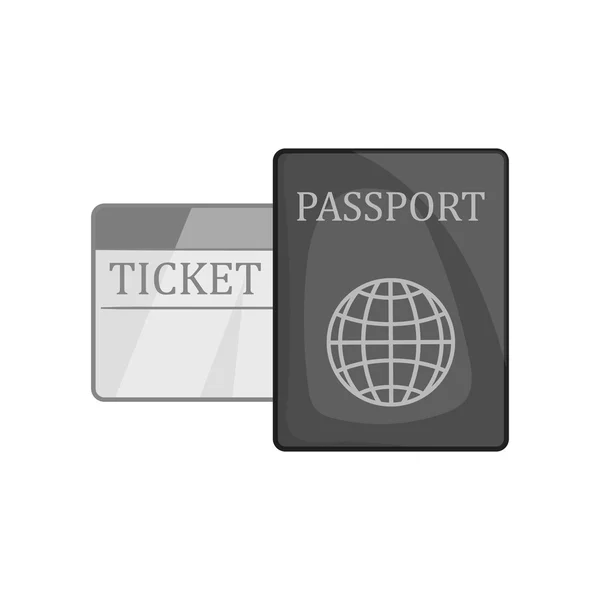 Paspoort en ticket, zwarte monochroom pictogramstijl — Stockvector