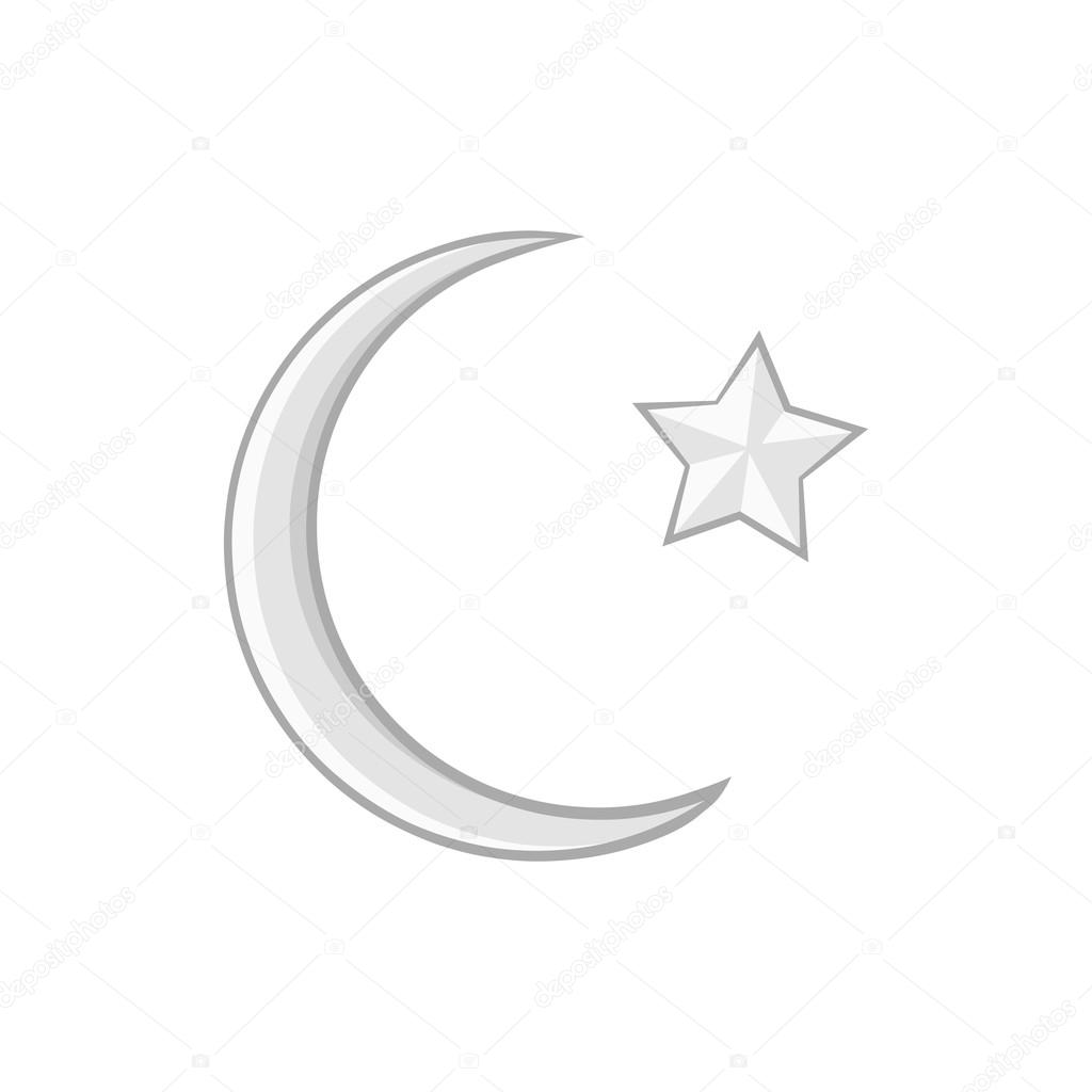 Crescent and star icon, black monochrome style