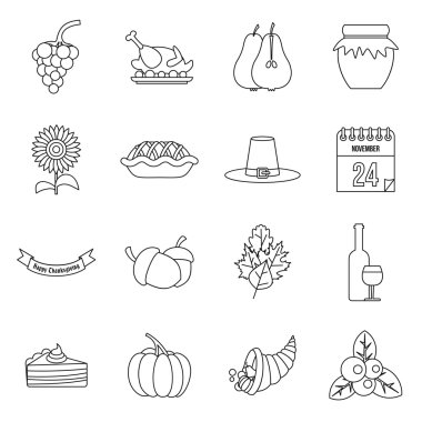 Şükran günü Icons set, anahat stili