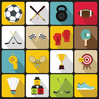 Spor ekipmanları simgeler ayarla, stil düz