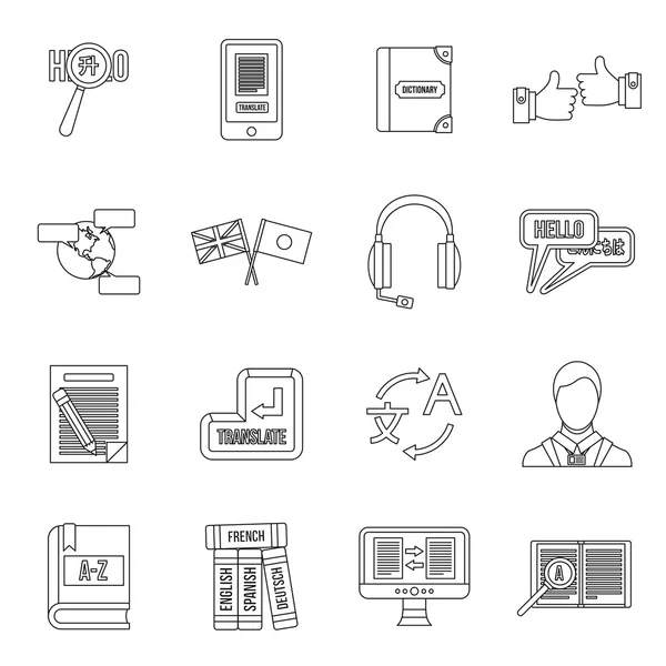 Aprender idiomas extranjeros iconos conjunto esquema estilo — Vector de stock