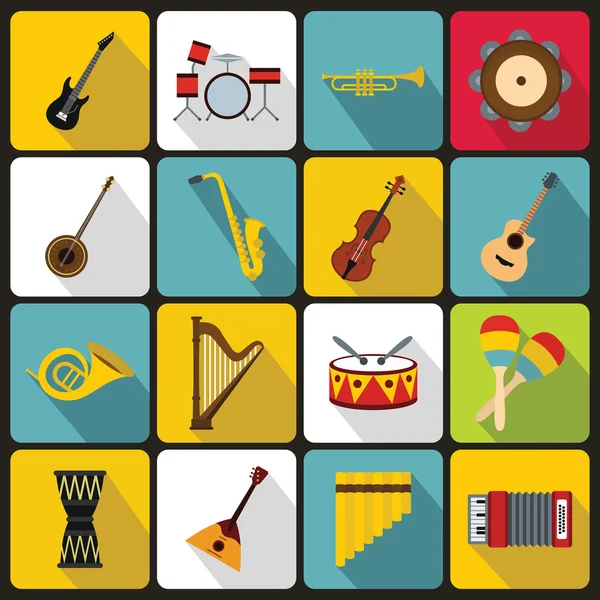 Instrumentos musicales iconos, estilo plano — Vector de stock