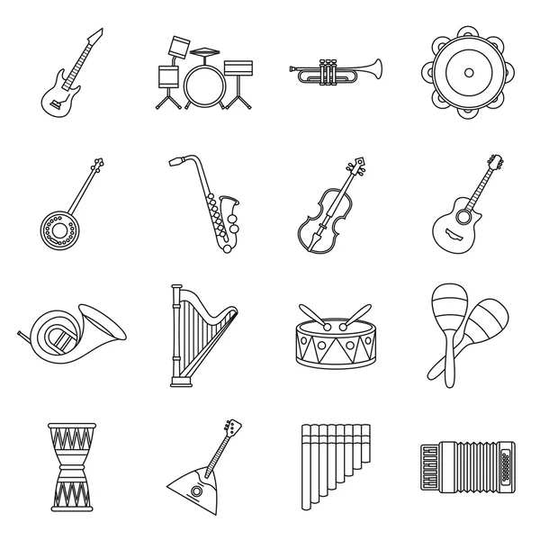 Musical instruments icons set in outline style — Stock Vector
