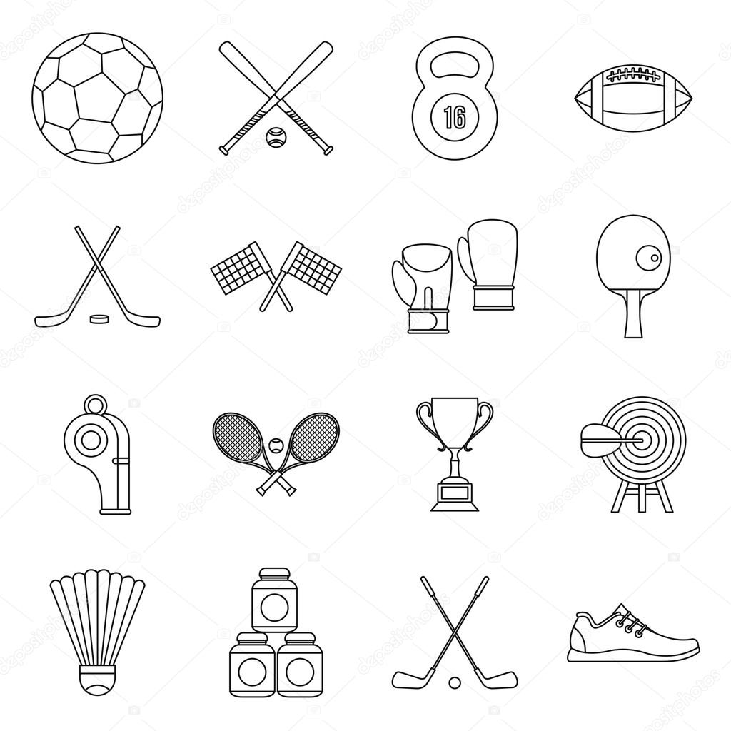 Sport equipment icons set, outline style