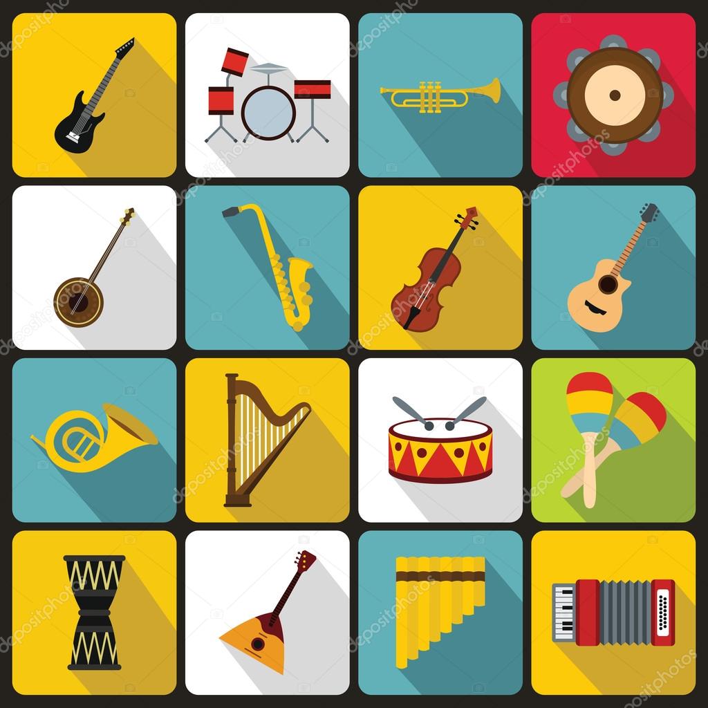 Musical instruments icons, flat style