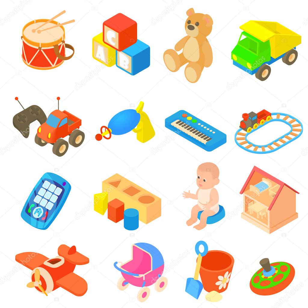 Childrens toys icons set, flat style