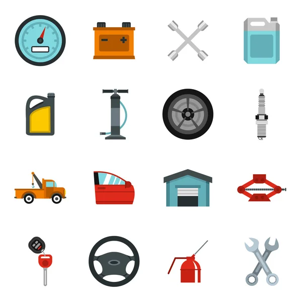 Conjunto de iconos de mantenimiento y reparación de automóviles, estilo plano — Vector de stock