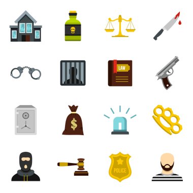 Suç ve ceza Icons set, düz stil