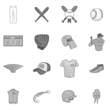 Beyzbol Icons set, siyah tek renkli stil