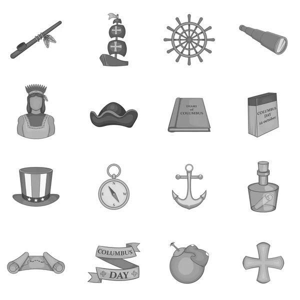 Kolumbus Day Icons Set, schwarzer monochromer Stil — Stockvektor